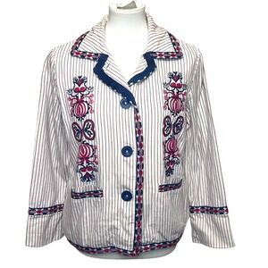 Max Studio Folk Art Americana Embroidered Stripe Blazer Jacket Red White Blue‎ M